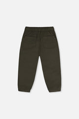 Back view of very dark green stretch canvas jogger pants with a back patch pocket, laid flat