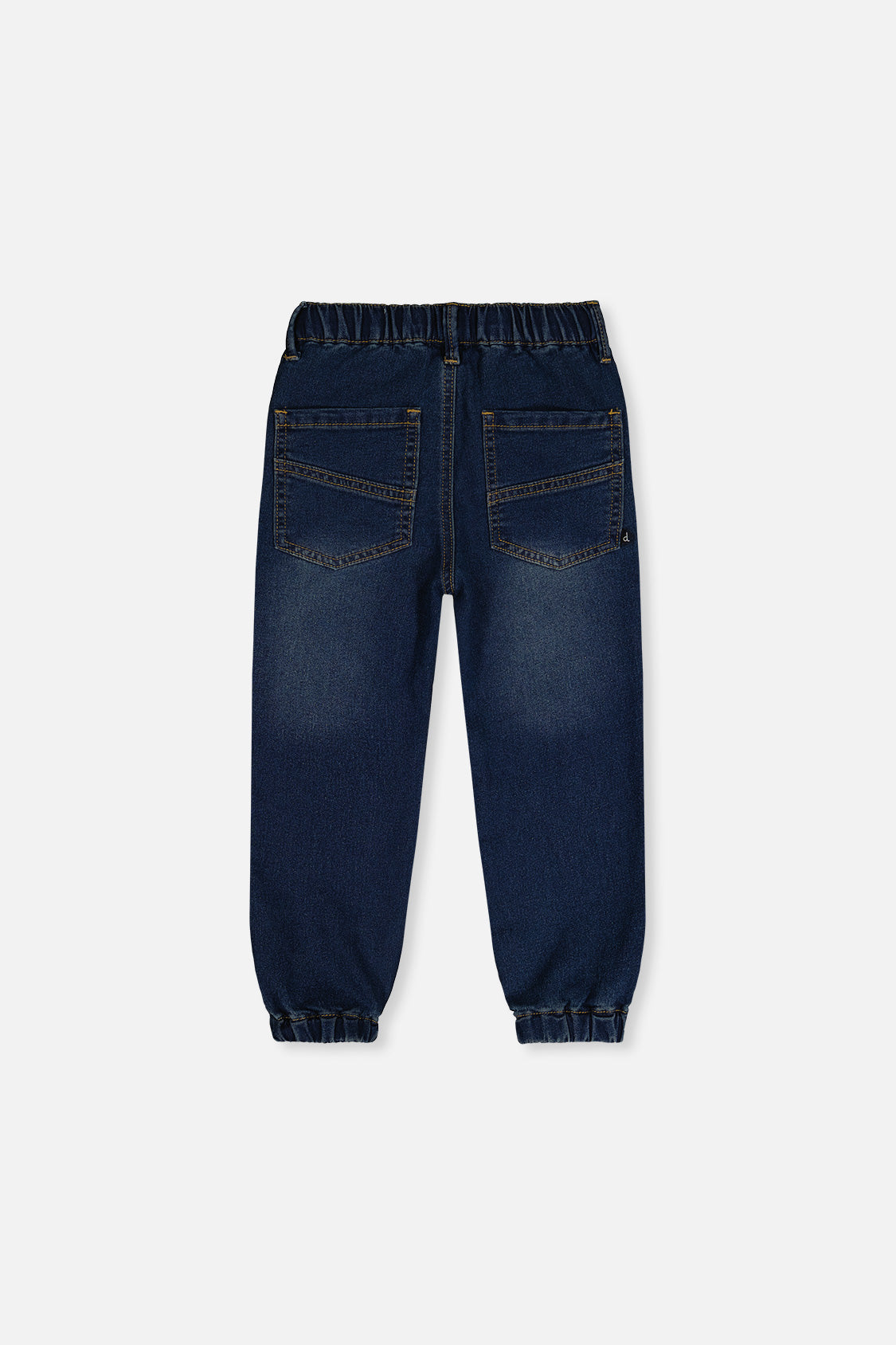 Back view of navy blue French terry jogger jeans with back pockets, laid flat