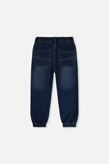 Back view of navy blue French terry jogger jeans with back pockets, laid flat