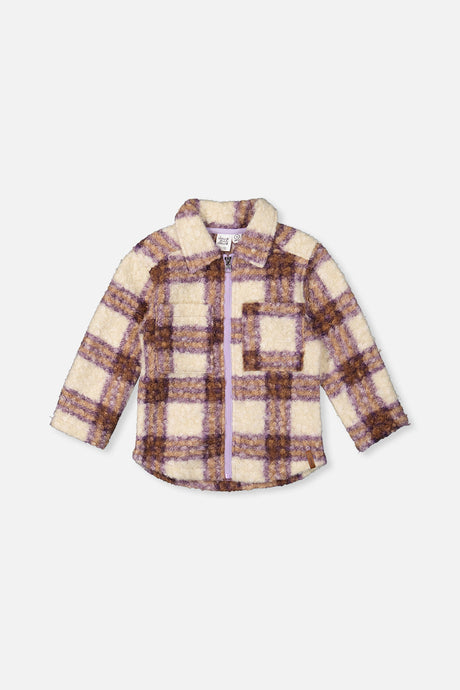 Zipped Sherpa Overshirt With Chest Pockets Beige And Mauve Plaid-0