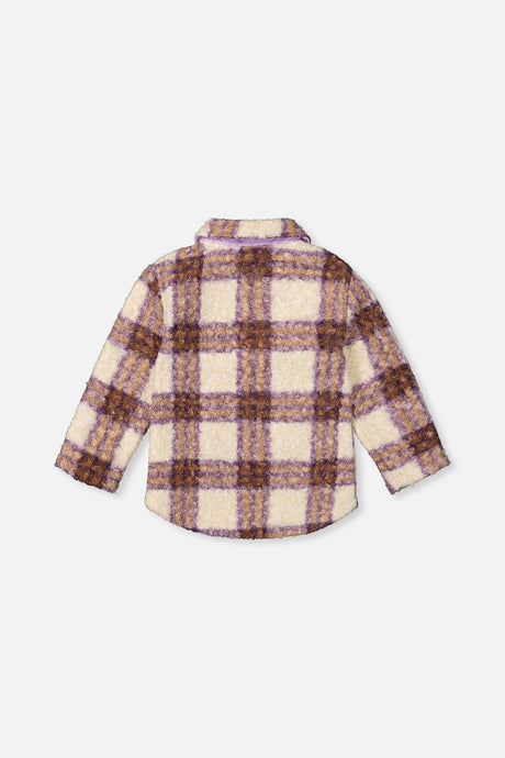 Back view of the beige and mauve plaid sherpa overshirt laid flat