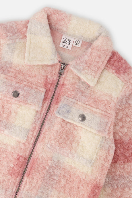 Close-up of the collar and zipper and button chest pockets on the looped sherpa plaid Deux par Deux overshirt