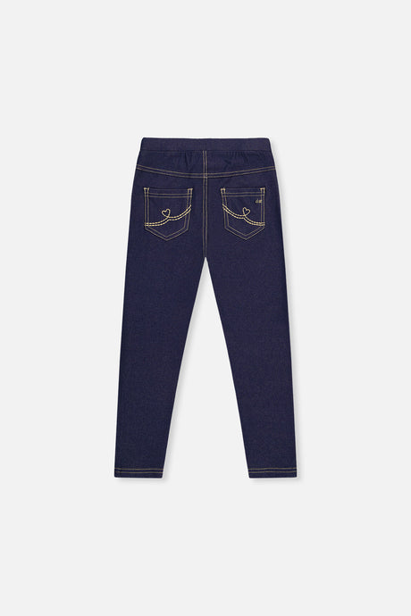 Deux par Deux girls navy denim look jeggings with heart stitched back pockets, back view laid flat