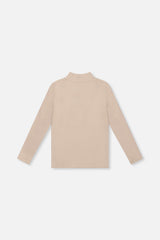 Deux par Deux beige brushed rib mock neck top for girls, back view