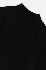 Close-up of the ribbed mock neck collar on the black top
