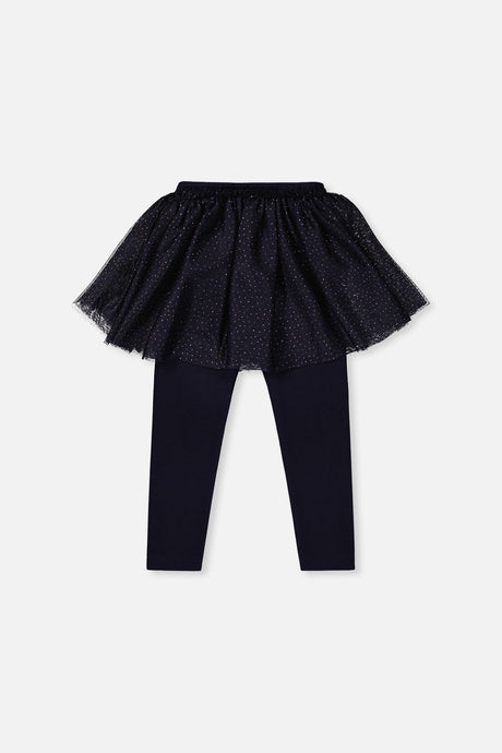 Deux par Deux girls navy leggings with an attached dotted tulle skirt, back view laid flat