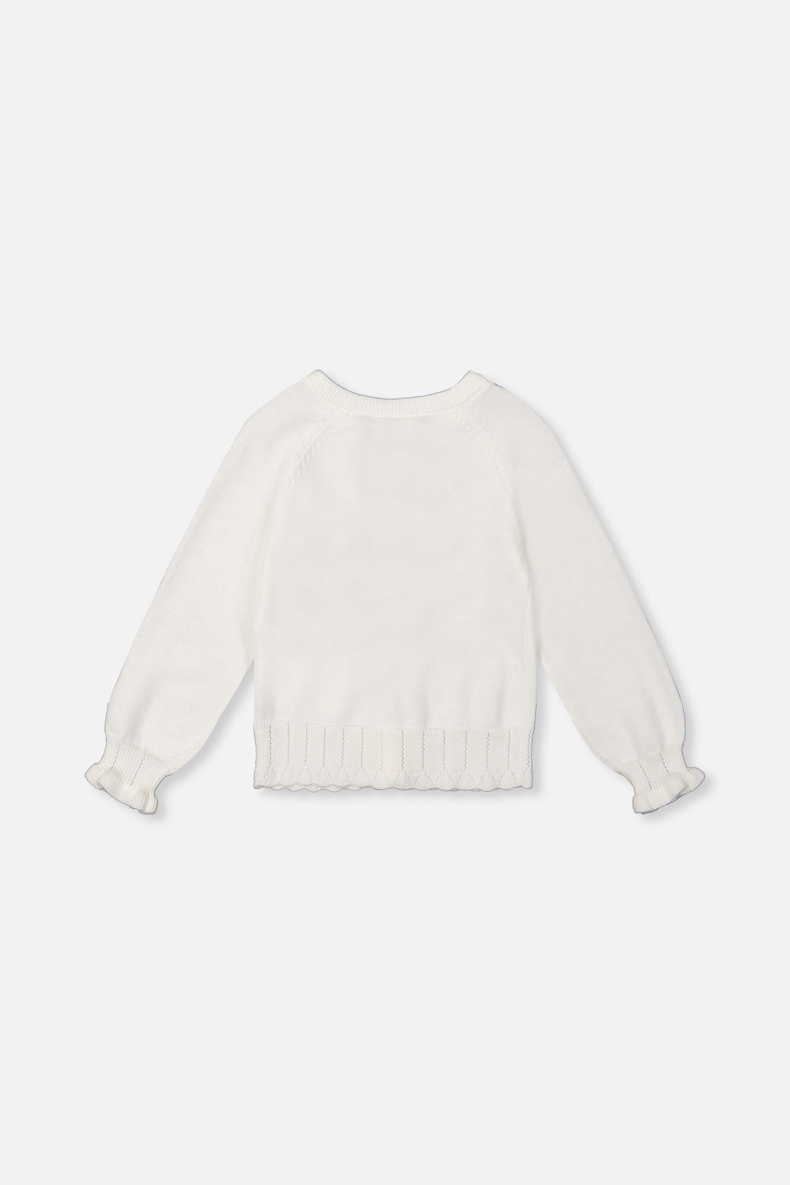 Deux par Deux off-white knit cardigan, flat lay back view with ruffled cuffs