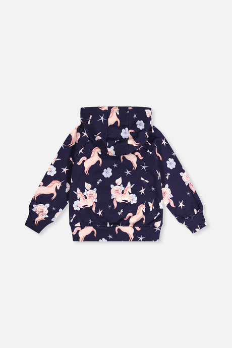 Deux par Deux dark navy unicorn print hoodie, flat lay back view with the hood