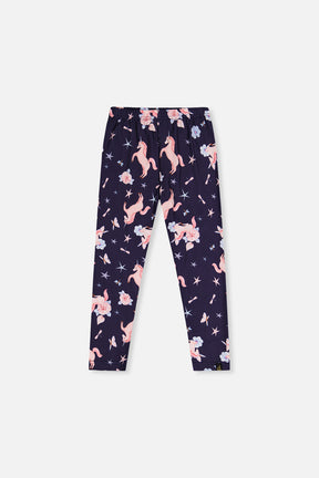 Deux par Deux navy leggings with pink unicorn print, flat front view