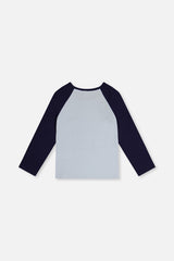 Pale blue raglan top with navy sleeves laid flat, back view