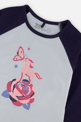 Close-up of the unicorn, butterfly and rose graphic on the pale blue front