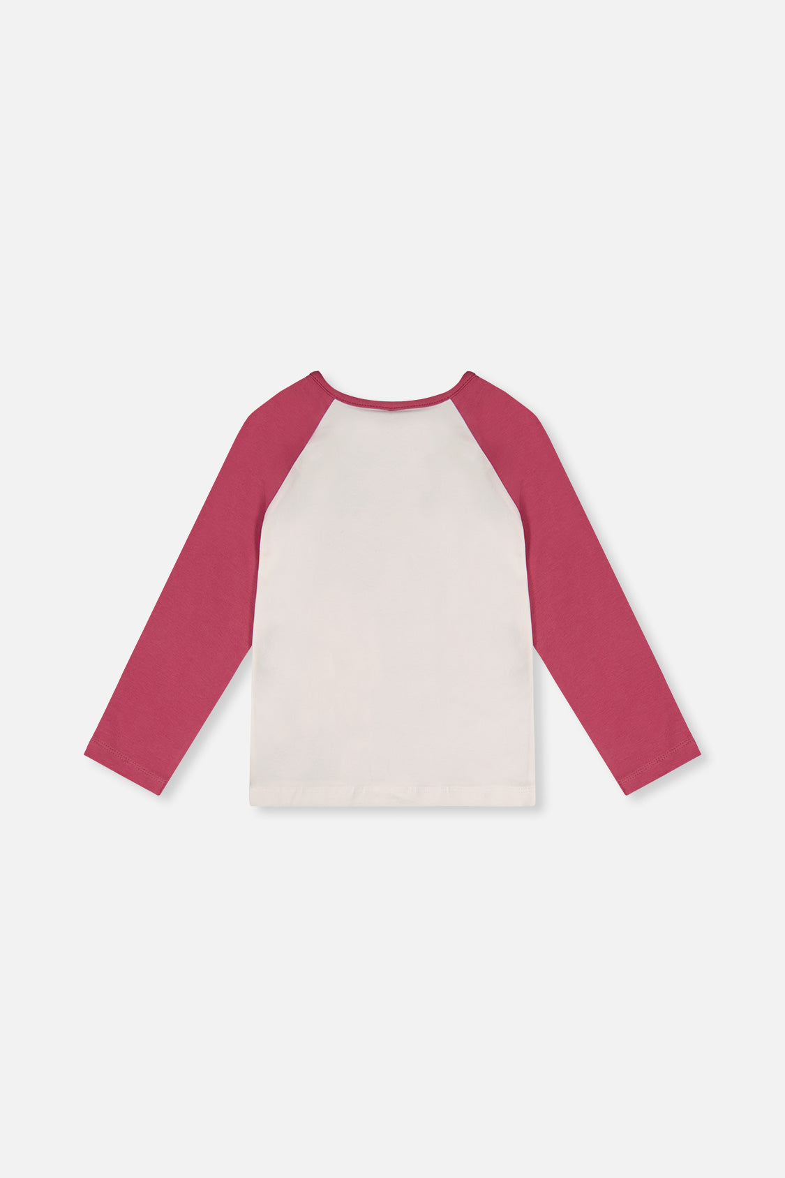 Pinkish violet and white raglan top laid flat, back view