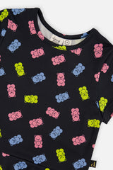 Deux par Deux Short Sleeve Dress Black Printed Gummy Bears