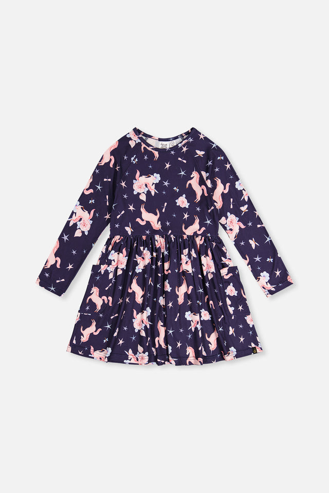 Long Sleeve Dress Navy Unicorn Print-0