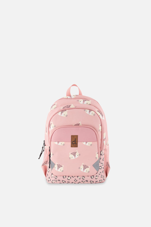 Deux par Deux little kids backpack in Pink leopard print with front compartments, top handle, and padded straps.