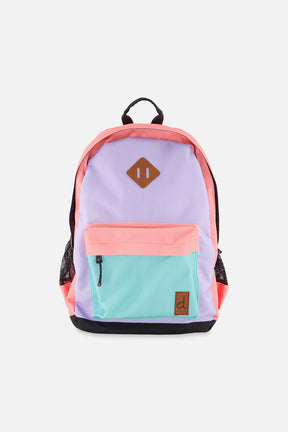 Deux par Deux kids backpack in Lavender/Turquoise/Orange color-block design with front pocket and top handle.