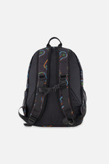 Back view of Black controller-print school backpack showing padded adjustable shoulder straps.