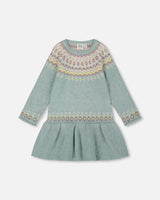 Jacquard Sweater Dress With Ribbed Skirt Jade Green | Deux par Deux | Jenni Kidz