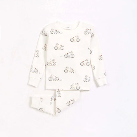 "la bicyclette" print on off-white infant pajama set | petit lem