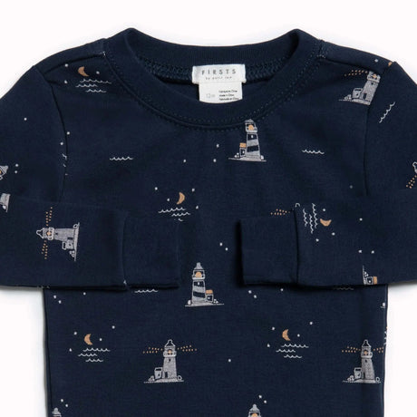 "lighthouse at night" print on anchor blue infant pajama set | petit lem