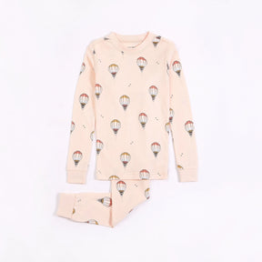 Petit Lem girls Hot Air Balloon organic cotton pajama set in Blush with long sleeves and matching pants.