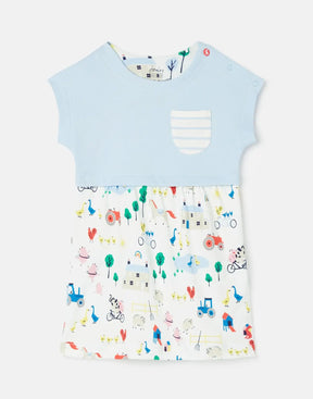 Joules Angelina Blue Farmyard Baby Dress: front view with blue bodice and printed skirt