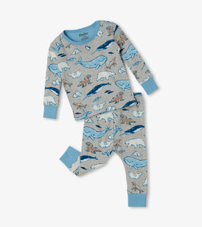 Hatley baby boy Arctic Animals organic cotton pajama set in Gray/Blue with long sleeves and matching pants.