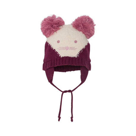 Baby Girls' Animal Face Earflap Knit Hat Burgundy And White | DEUX PAR DEUX - DEUX PAR DEUX