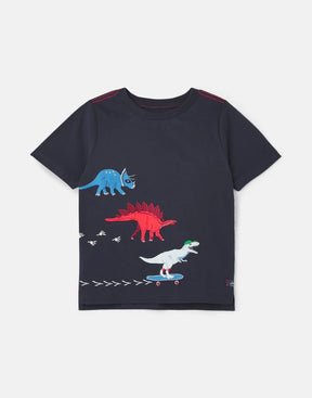 Joules Archie Navy Skateboarding Dino T-Shirt: front view with three dinosaurs