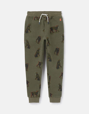 Joules Champion Olive Big Cat Print Joggers: front view with drawcord waist
