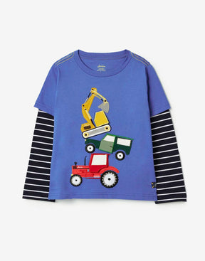 Joules Chomp Blue Construction Mock Layer T-Shirt: front view with stacked construction vehicles