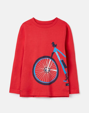 Joules Finlay Red Wraparound Bicycle T-Shirt: front view with bicycle graphic
