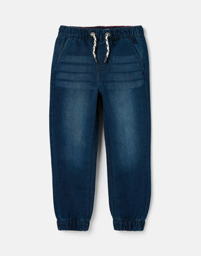 Joules Logan Dark Blue Jersey Denim Joggers: front view with drawcord and cuffed ankles