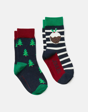 Joules Brill Christmas Tree and Pudding Socks 2-Pack: christmas tree and pudding sock designs laid flat