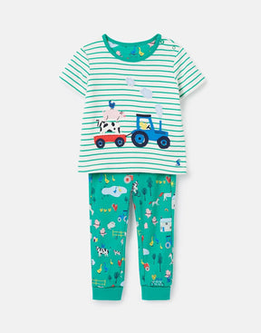 Joules Byron Teal Tractor Top and Bottoms Set: front view of striped tractor top and printed trousers