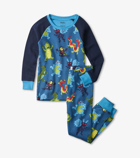 Hatley boys Creepy Cryptids organic cotton raglan pajama set in Blue/Navy with matching pants.