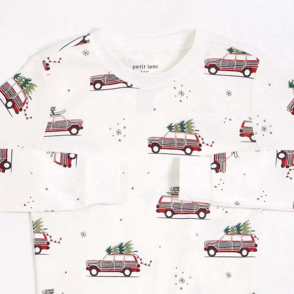 Festive Cars Print on Off-White Pyjama Set | Petit Lem - Jenni Kidz