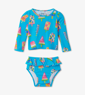Hatley baby girl Fruity Pops rashguard set in Blue/Pink with long sleeve top and ruffle bottom