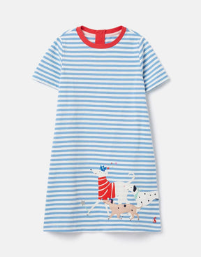 Joules Rosalee Blue Stripe Dog Dress: front view with dog artwork near the hem