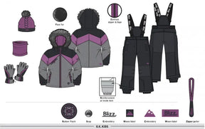 Blizz girls Beautyberry snowsuit feature layout showing included accessories and winter protection details.