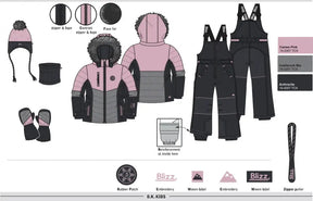 Blizz girls Cameo Pink snowsuit feature layout showing included winter accessories and technical details.