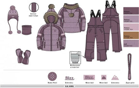 Blizz girls Lavender snowsuit feature layout showing included accessories and winter protection details.