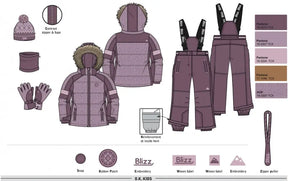 Blizz girls Lavender snowsuit feature layout showing included accessories and winter protection details.