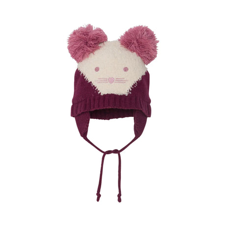 Girls' Animal Face Earflap Knit Hat Burgundy And White | DEUX PAR DEUX - DEUX PAR DEUX