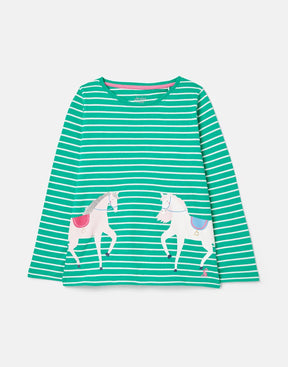 Joules Bessie Green Stripe Horse T-Shirt: front view with two horses