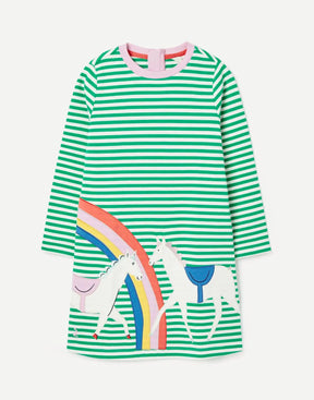 Joules Rosalee Green Stripe Horse Rainbow Dress: front view with horses and rainbow