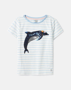 Joules Astra Blue Stripe Sequin Dolphin T-Shirt: front view with sequin dolphin