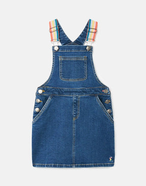 Joules Kimberly Rainbow Strap Denim Dress: front view with rainbow straps and bib pocket