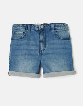 Joules Monaco Blue Denim Rainbow Shorts: front view with turned-up hems