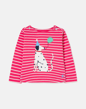 Joules Harbour Pink Stripe Dalmatian Top: front view with party-hat dog and balloon